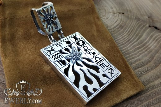 Men's silver pendant with symbols of the zodiac signs to buy