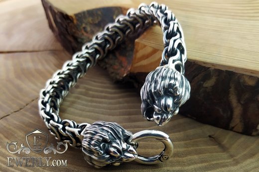 Men's silver big bracelet Ramses with a clasp "Heads of lions" to pay