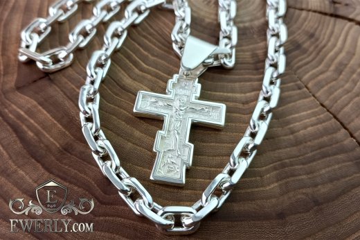 Якорная мужская цепь с крестом нательным православным из серебра