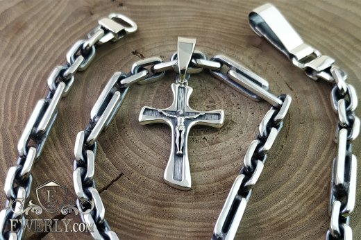 Cross with a chain of silver, buy weaving "Combined anchor"