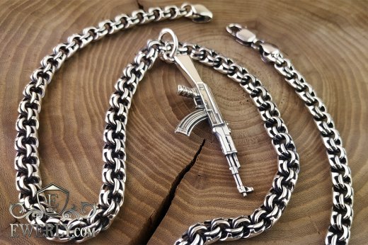 Silver chain with pendant - AK-47 assault rifle and chain "Bismarck" 100 grams
