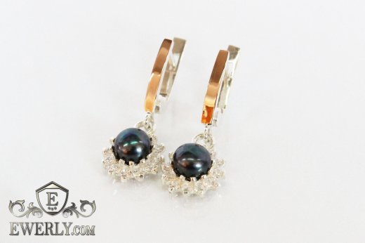 Срібні сережки для жінок з камінням (чорні фіанити - перли)