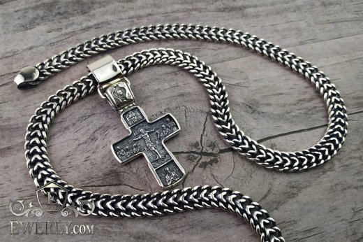 Набор: мужская серебряная цепочка с крестом из серебра
