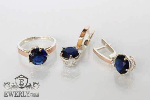Набор серебряное кольцо и серьги из серебра с синими камнями для женщин