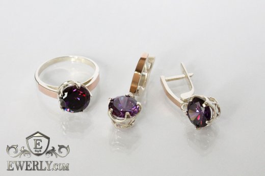 Набор серебряное кольцо и серьги из серебра с камнями (цвет-аметист) для женщин