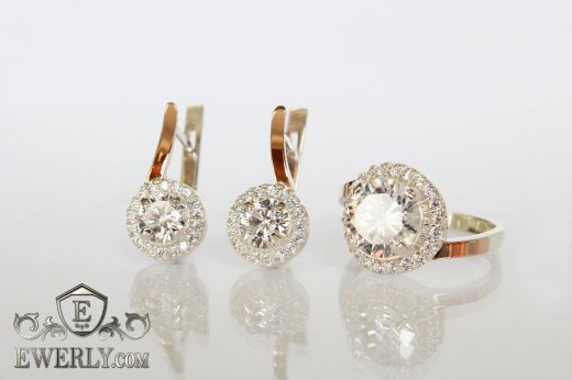 Женские  кольцо и серьги с золотом из серебра, купить с белыми камнями