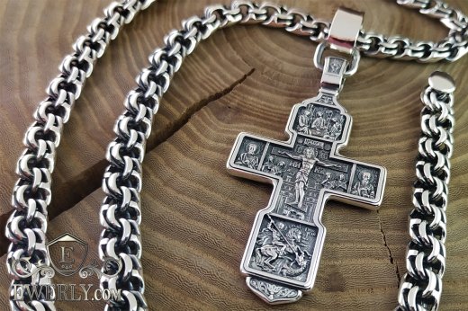 Купить мужскую цепочку из серебра с крестом большим православным
